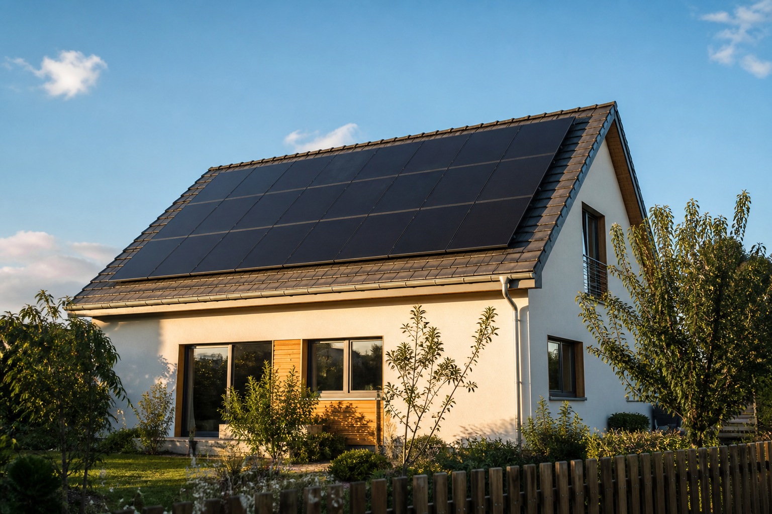 Modernes Wohnhaus mit Photovoltaikmodulen auf dem geneigten Dach