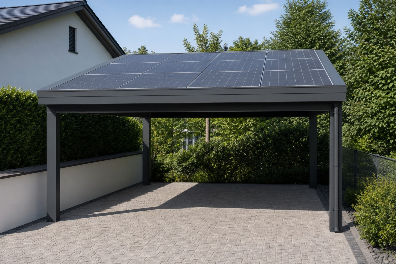 Illustrative Darstellung zum Ratgeberthema Photovoltaik auf dem Carport: So planst du die Anlage passend zu deinem Zuhause