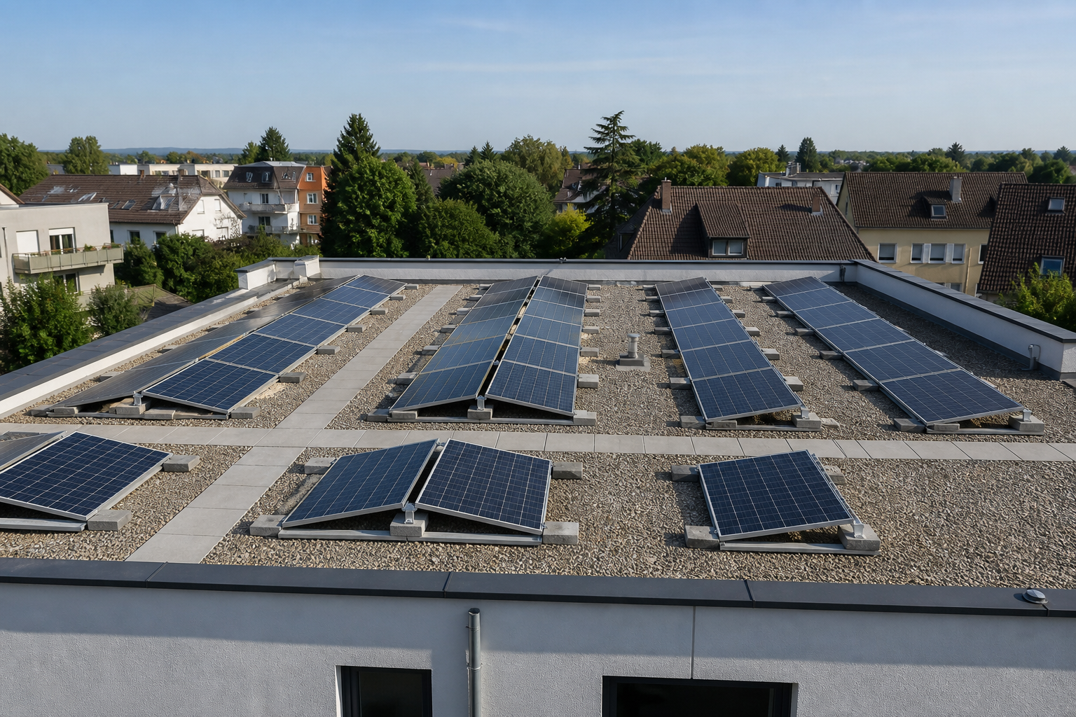 Illustrative Darstellung zum Ratgeberthema Photovoltaik auf dem Flachdach: Aufständerung und Lasten planen