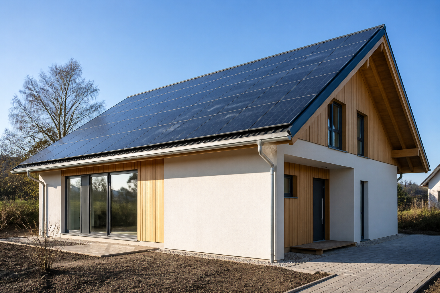 Illustrative Darstellung zum Ratgeberthema Photovoltaik im Neubau früh in Dach und Elektroplanung aufnehmen